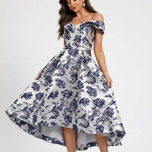 JJs House A-line Off the Shoulder Asymmetrical Satin Cocktail Dress With Flowers